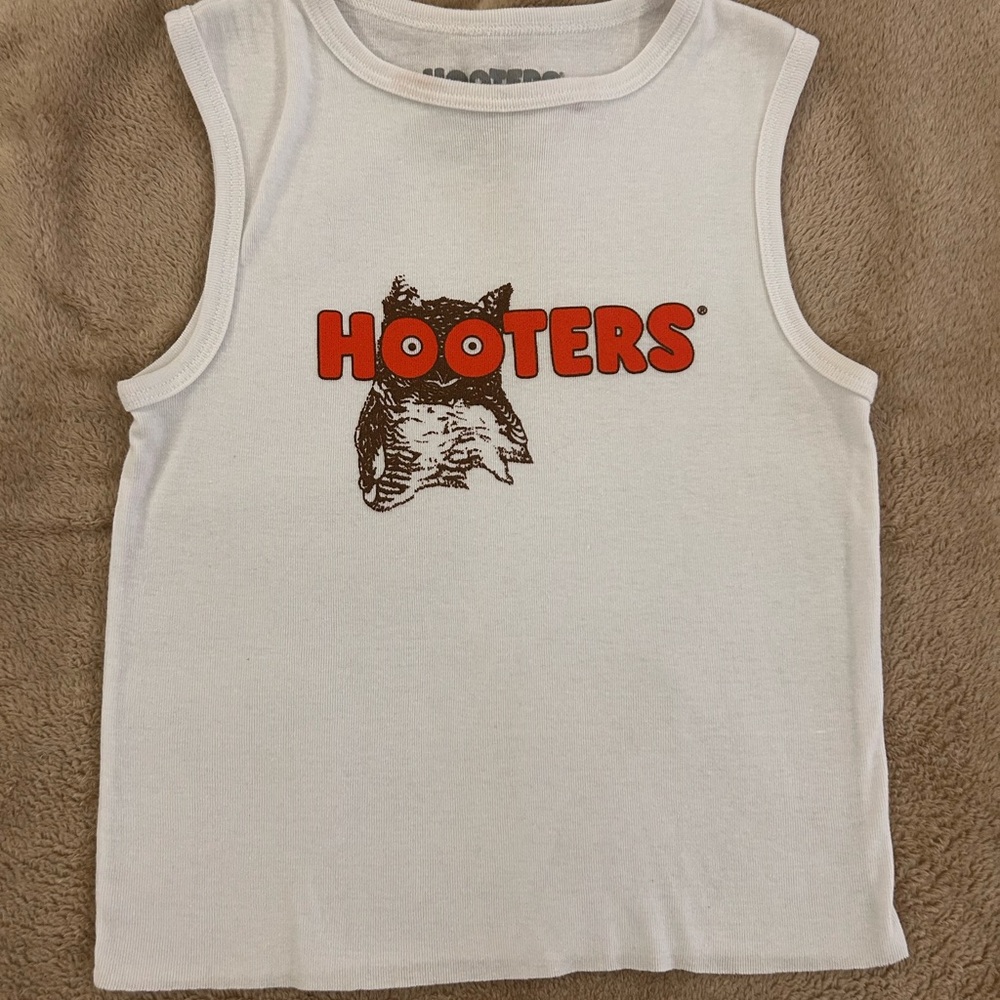 Hooters White Tank Top with Orange Logo and Brown Owl